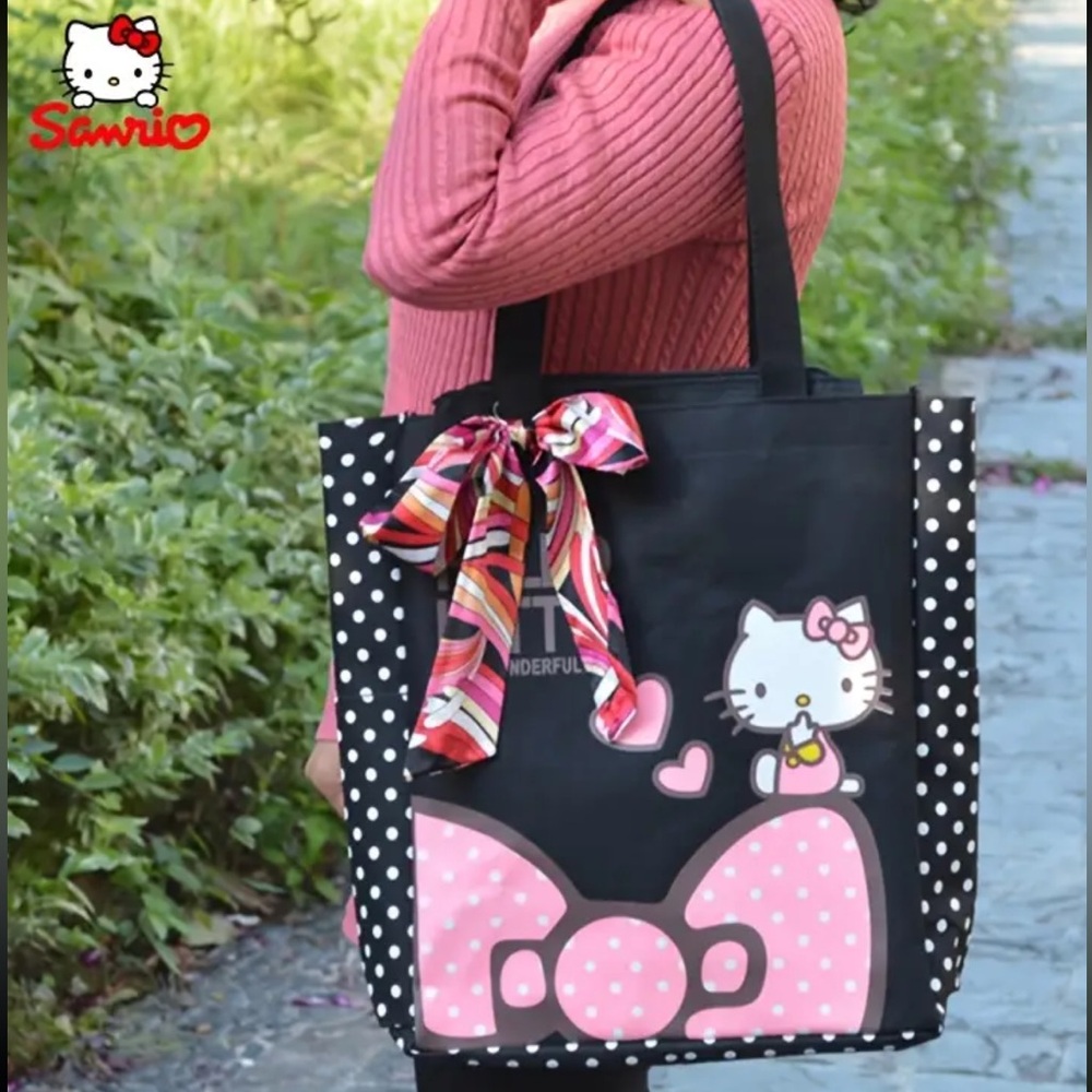 Hello Kitty For Emma Lg Canvas Shoulder Bag Tote Bag W/2 Satin Bows NWT - Picture 4 of 13